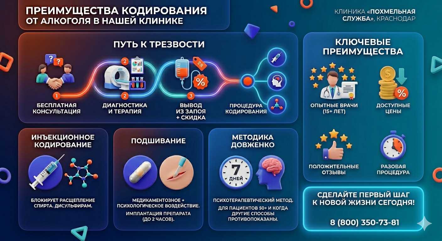 Инфографика о методах кодирования от алкоголя в Барыше: инъекции, подшивание, метод Довженко. Преимущества клиники и этапы лечения.