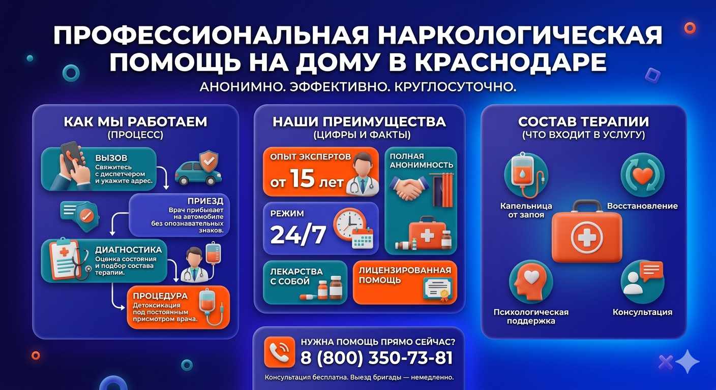 Инфографика о принципах лечения алкоголизма на дому в Барыше: этапы вызова нарколога, преимущества анонимной детоксикации и состав медицинской помощи.